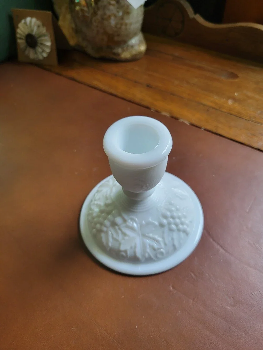 Taper Candle in Warm Apricot with White Milk Glass Holder